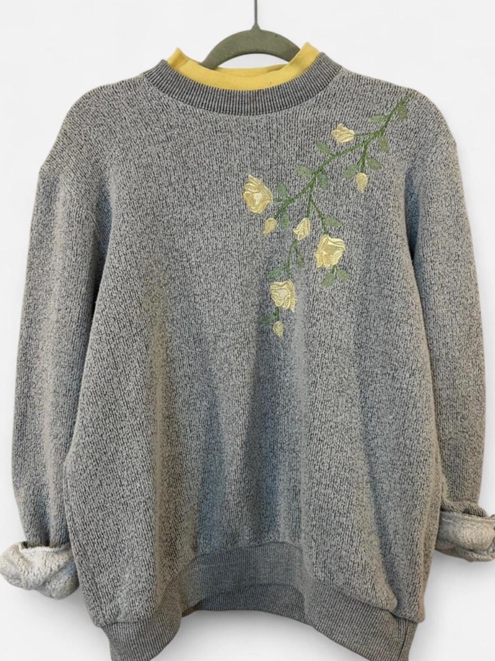 Vintage 90s Sweater with Yellow Rose Embroidery